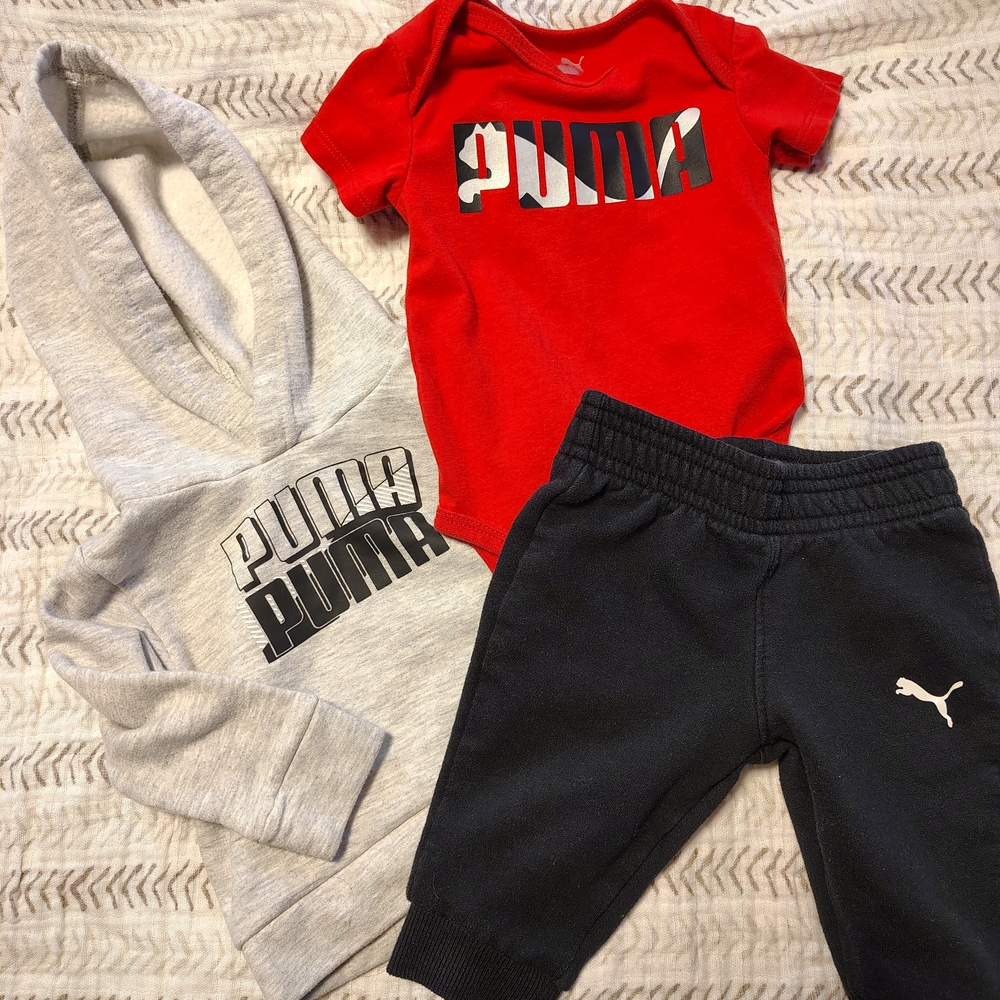 Puma Red Bodysuit with Gray Hoodie & Black Joggers - Kids Three-Piece Set